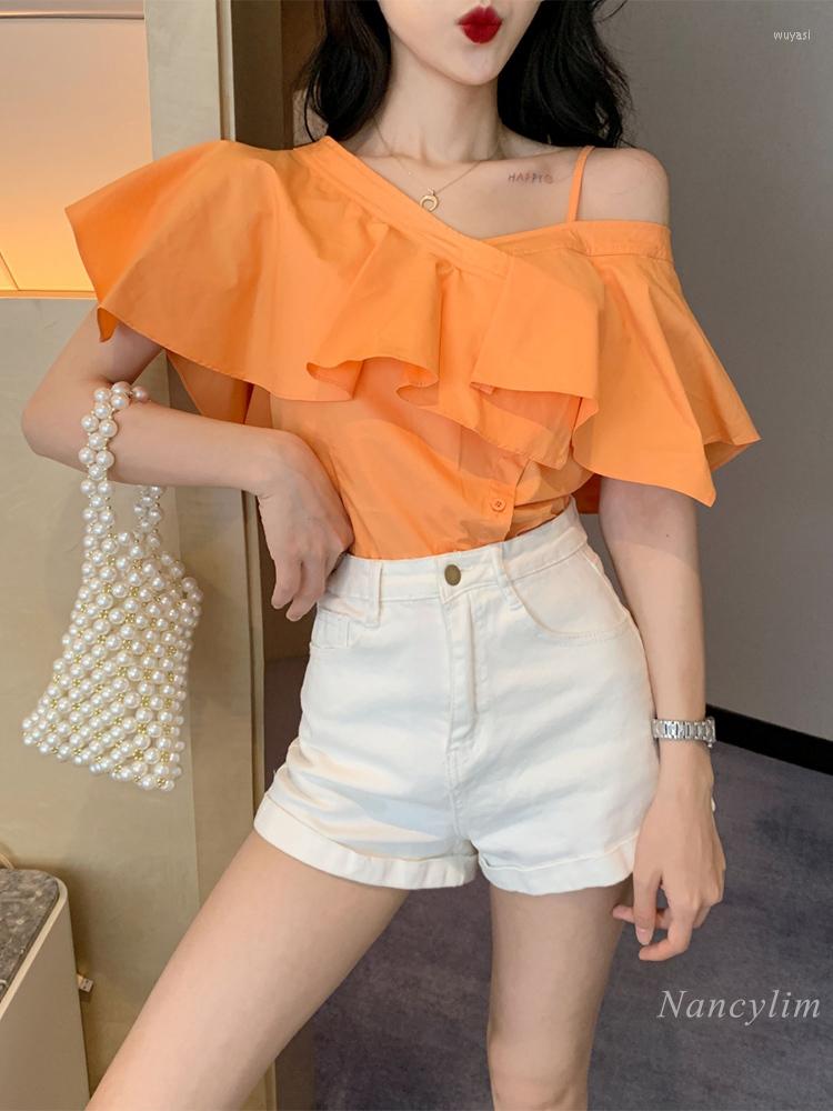 

Women's Blouses Sexy Blouse Women 2022 Summer Ruffles Shoulder-Exposed V-neck All-Match Sling Irregular Top Blusas Slim Fit, Green