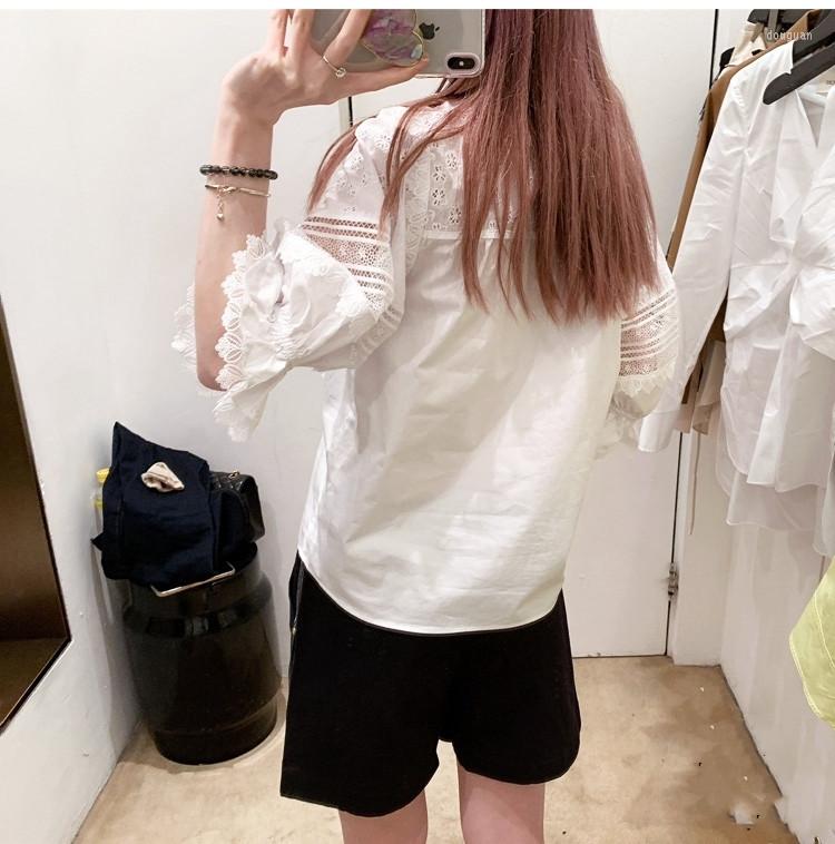 

Women' Blouses Women Shirt 2022 Autumn Lace Embroidered Buttoned V-neck Solid Color Commuter Thin Women' Simple Top, White