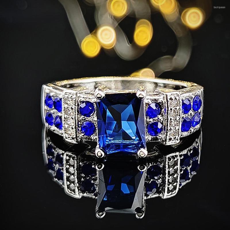 

Wedding Rings Blue Rectangle Zircon Engagement For Women Big Finger Brand Party Gift Jewelry Fashion R5017