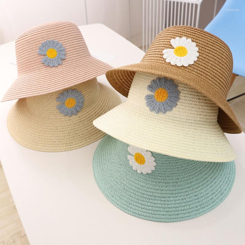 

Hats Girls Children Summer Small Daisy Straw Hat Beach Travel Sunscreen Embroidery Girl Princess Sun Cute Match, White