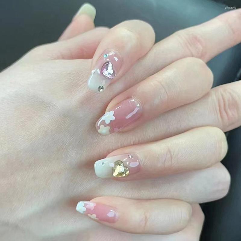 

False Nails High Quality 24Pcs Glossy Glitter 3D Love Heart Fake For Women And Girls French Style Full Cover Nail Sticker, Jelly glue model