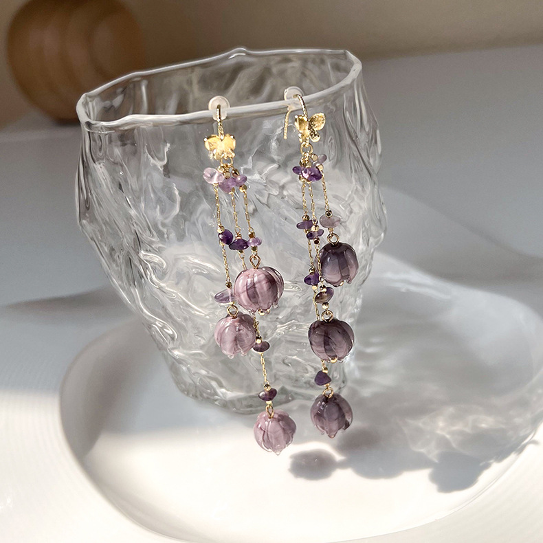 

Smoky Purple Glaze Bell Orchid Tassel Dangle Earrings for Women New Fashion Light Luxury Design Ancient Chinese Style Long Ear Hook Earrings