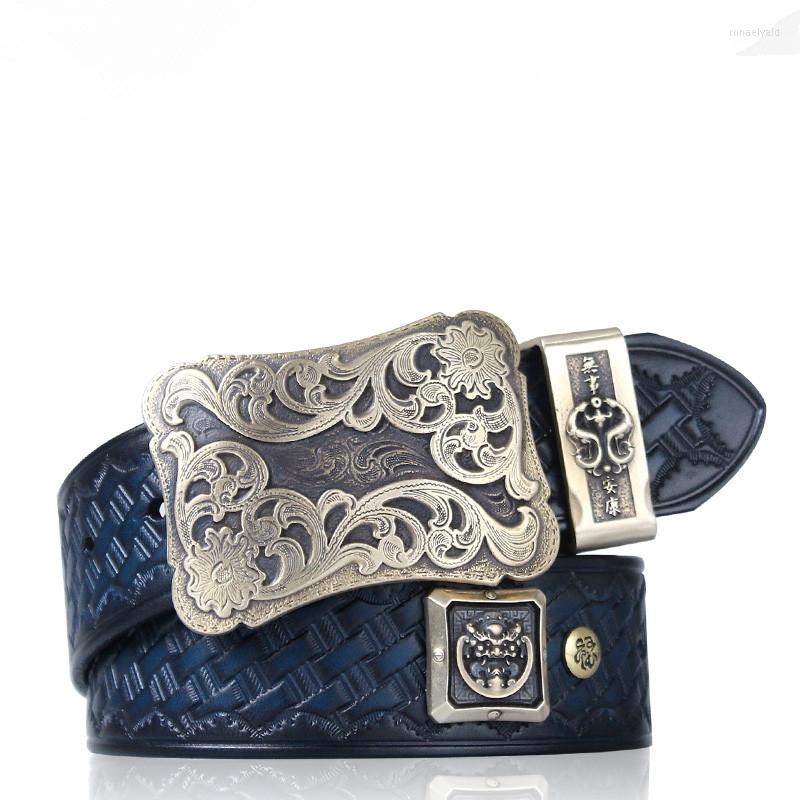 

Belts 105-130CM Unique Brass Buckle Embossing Design Genuine Leather Strap Male For Men Women Cowhide Vintage Belt, Black