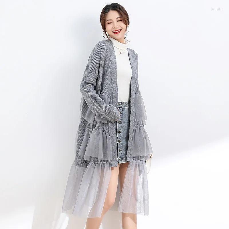 

Women's Knits Knitted Cardigan Coat Women 2022 Autumn Winter Long Sleeves Sweater Loose Outerwear Korean Fashion Mesh Patchwork Sueter, White