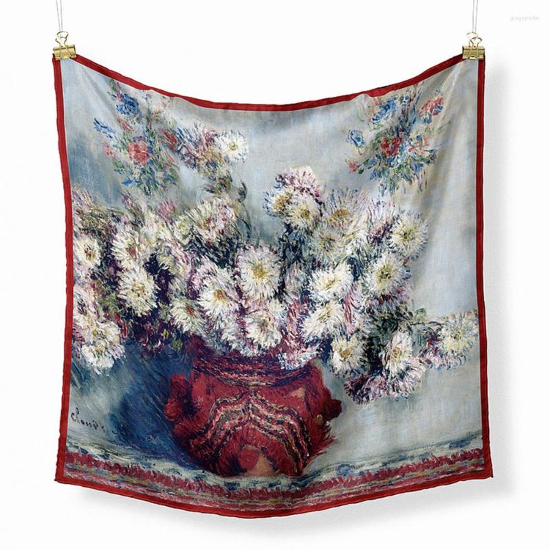 

Scarves Twill Silk Scarf Women Brand Design White Chrysanthemum Oil Painting Fashion Square Hijab Headband Hair