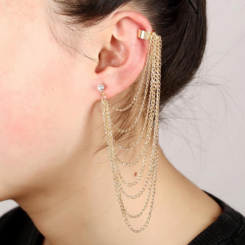 

Backs Earrings ZLDYOU Punk Women Jewelry Long Tassel Ear Cuff Crystal Inlaid Multilayer Chain Fringe Statement Friend Gifts Clip