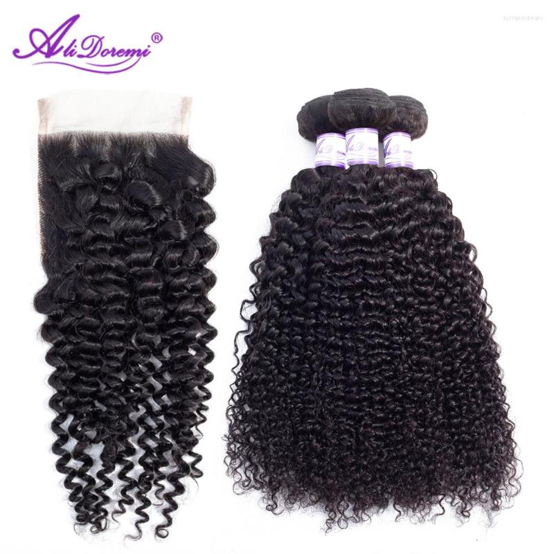 

Human Hair Bulks PERUVIAN KINKY CURLY 3 Bundles With Closure Weave 4 Pcs /lot Alidoremi