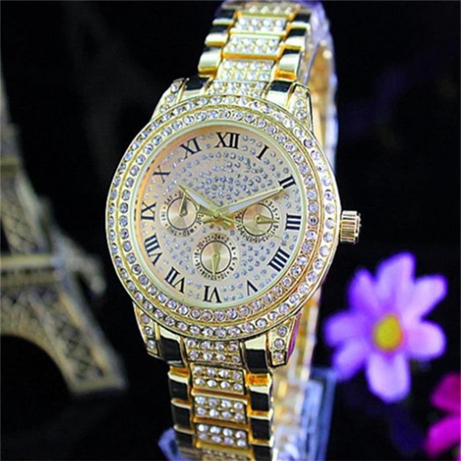 

RO Luxury Quartz Watches Womens Diamonds Watches false 3 Eyes Women Ladies Designer Quartz Watches 3 Colors Whole Shippin236n, Gold