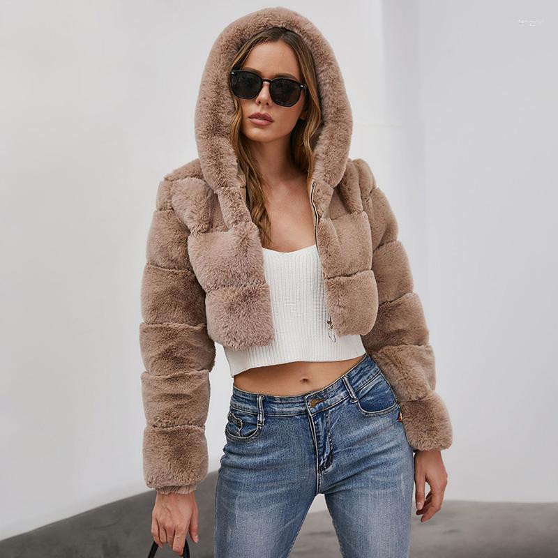 

Women's Fur Women Faux Coat Crop Hooded Fluffy Jacket Short Three Rows Zipper Thick Warm Winter 2022 S4722, White