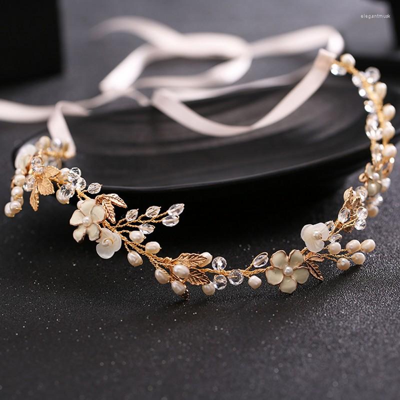 

Headpieces Gold Leaves Pearls Headband Brides Hand-made Head Chain Flowers Bridal Hair Sash Wedding Accessory SQ0265