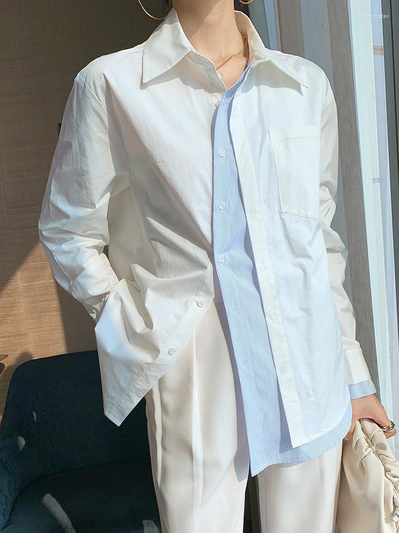

Women's T Shirts Women Oversized Vintage Casual Long Sleeve T-Shirt 2022 Fake 2 Pics Patchwork Stripe Spring Tops White Blue Solid