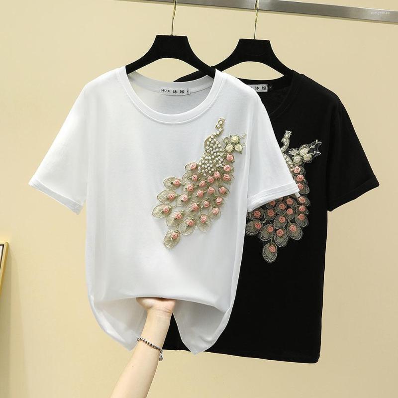 

Women's T Shirts 100KG Embroidery Floral Cotton Short Sleeve Shirt Women O-Neck White Tee Femme Loose Black Tops 2022 Summer 4XL