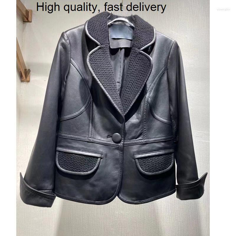 

Women' Leather Lady Turn-down Office Collar Coat Real Sheepskin Natural Full Sleeve Women Short Outer Wear With Pocket Single Button