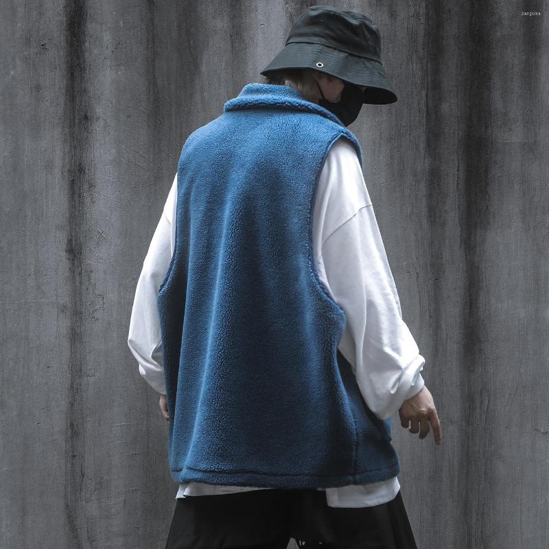 

Men' Vests Lambswool Winter Fleece Jacket Vest Men Thick Pockets Loose Zipper Sleeveless Coat Techwear Waistcoat Blue