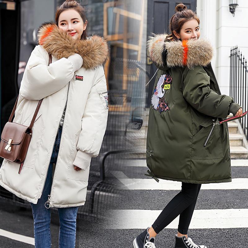 

Women's Trench Coats Drop Autumn And Winter Women's Mid-length Embroidered Jacket Cotton Large Fur Collar, Beige