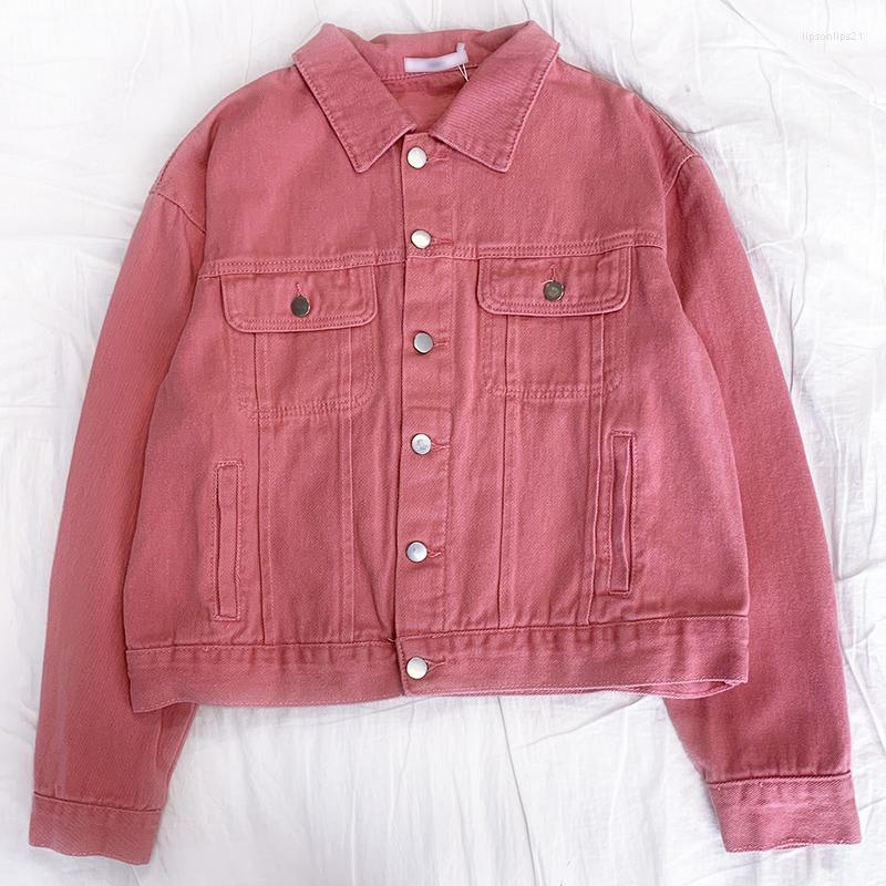 

Women's Jackets Autumn Pink Girl Retro Pocket Design Japanese Turn-down Buttoned Loose Long-sleeved Denim Jacket, White