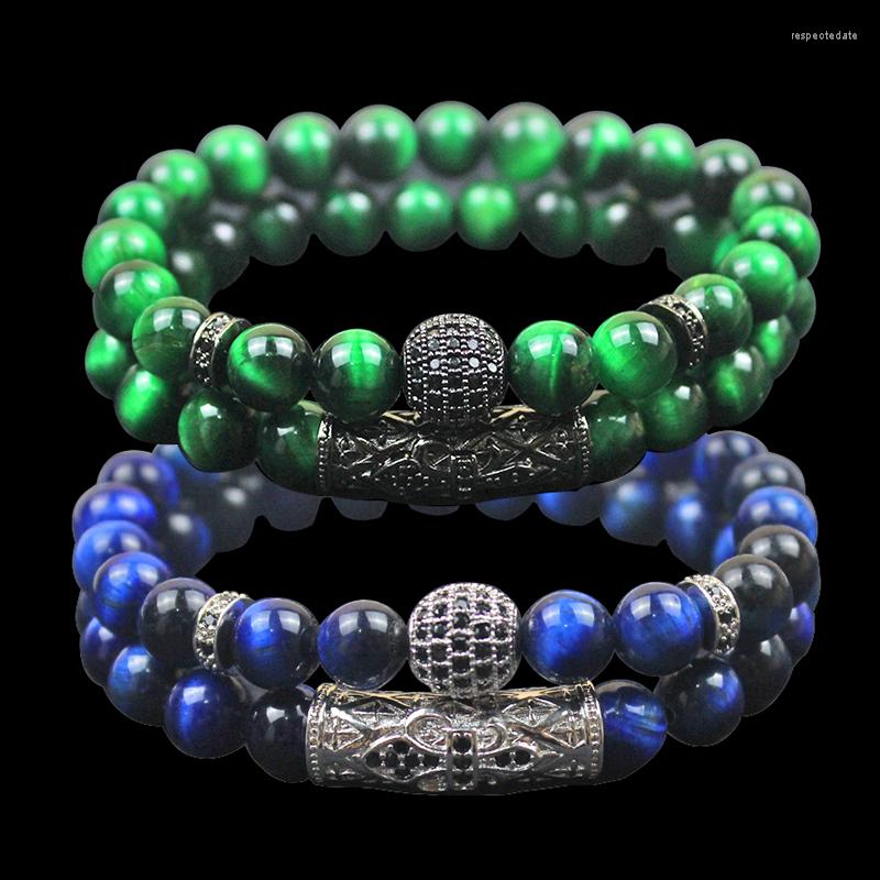 

Strand Wholesale Luxury 2pc / Set Blue Green Tiger Eye Bead Bracelet Men Fashion Pave Cubic Zirconia Charm Jewelry