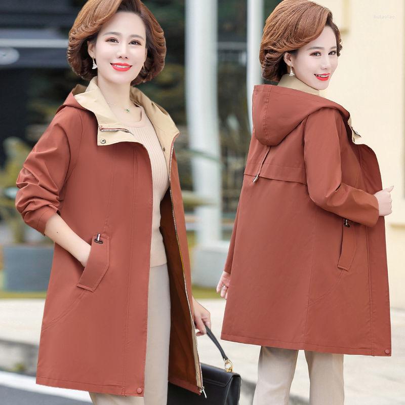 

Women's Trench Coats Middle-Aged Mother Spring Autumn Windbreaker Coat Female 5XL 2022 Outerwear Loose Mid-Length Hooded, Red