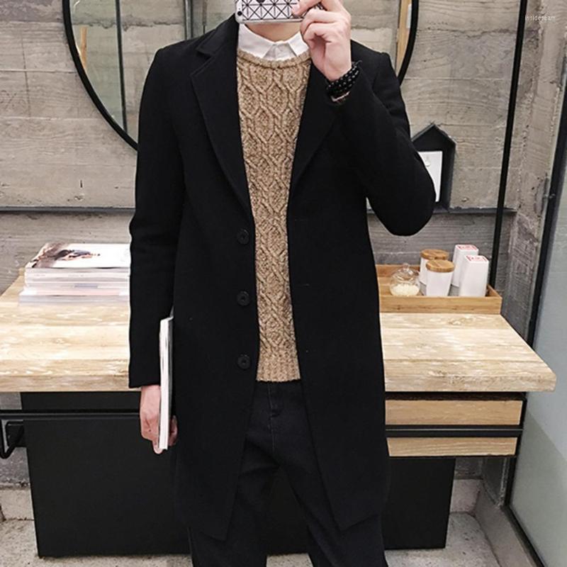 

Men's Trench Coats Stylish Pockets Buttons Woolen Coat Winter Jacket Autumn All Match, Black