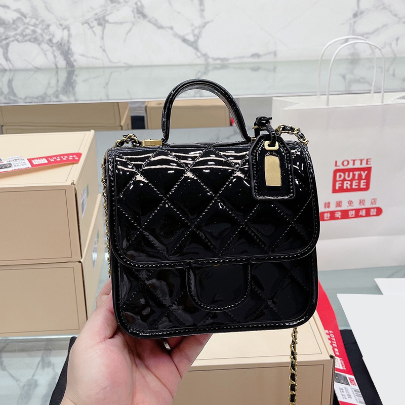 

22K Womens Vinatge Messenger Patent Leather Quilted Bags Top Handle Totes Classic Mini Flap Purse Badge Gold Metal Hardware Matelasse Chain Crossbody Handbags 20CM, Box
