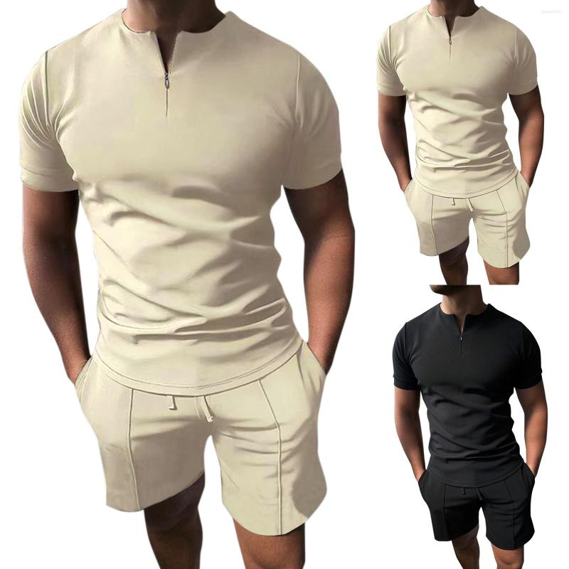

Men' Tracksuits Male Casual Solid Two Piece Suit Zipper Collar Short Sleeve O Neck Top Drawstring Pocket Set, Beige