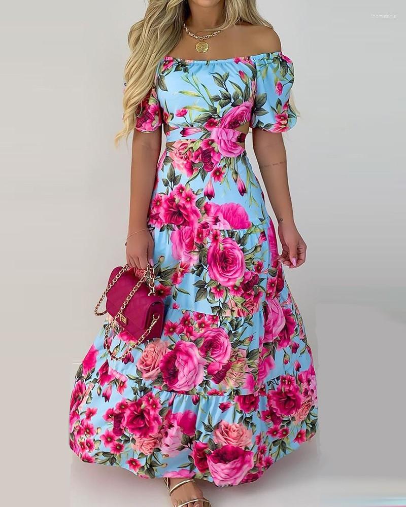 

Ethnic Clothing Women Long Maxi Loose Slash Neck Strapless Flower Waist Hollow Out Ruffles Leisure Off Shoulder Puff Sleeve Floral Print
