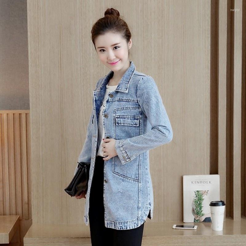 

Women' Jackets Style Korean Slim Fit Long Denim Jacket Women Plus Size Coat Casual Single Breasted Jeans Windbreakers Female Vintage, Light blue