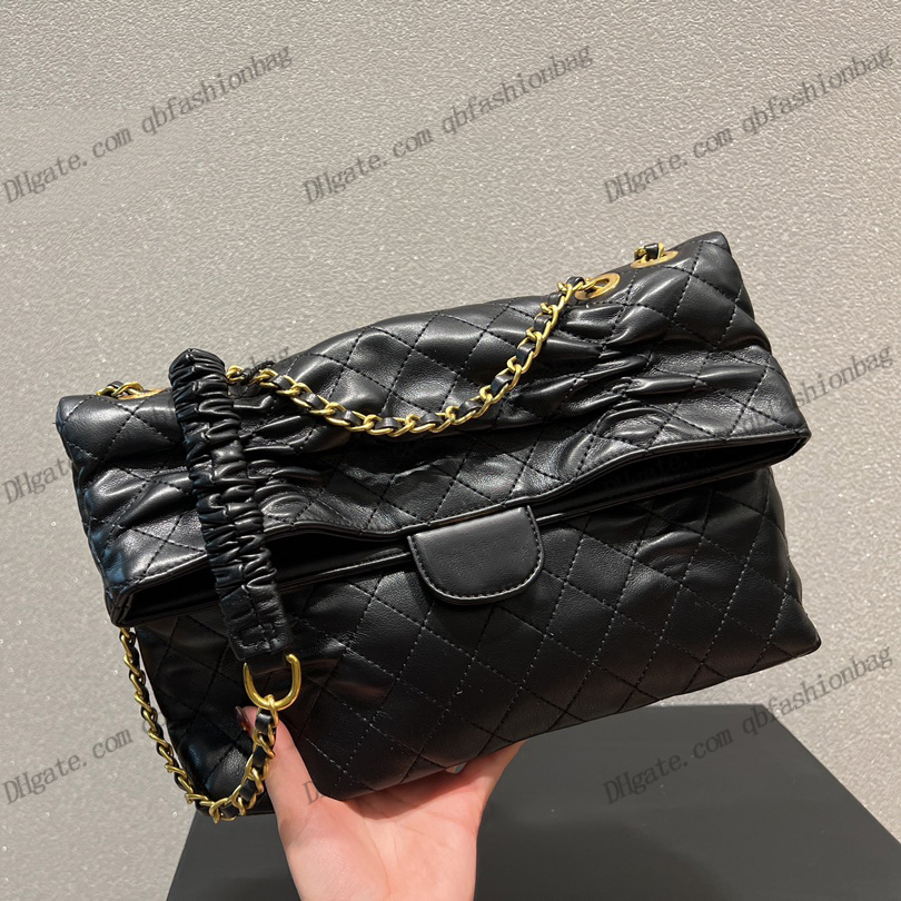 

French Designer Lady Shopping Quilted Bags Real Leather Purse Vintage Gold Metal Chain Shoulder Crossbody Sacoche Womens Street Jumbo Calfskin Handbags 29x31CM, Box