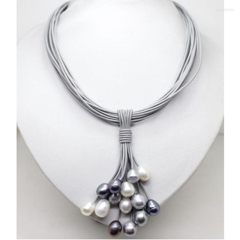 

Pendant Necklaces 17 Inches 15 Rows Gray Leather Cord Multicolor Oval Pearl Women Pendent Necklace