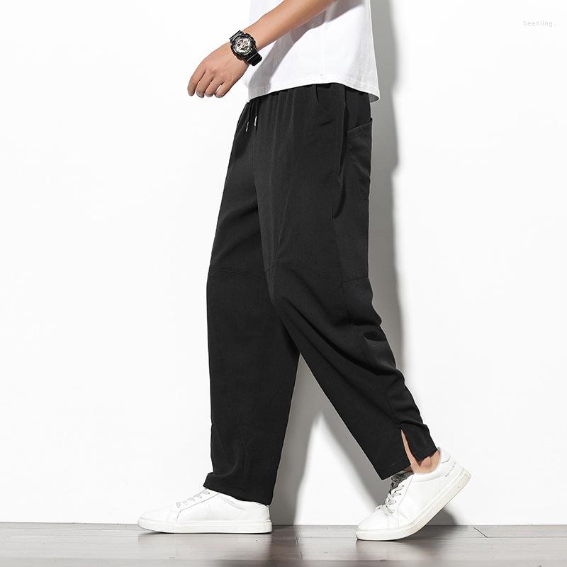 

Men's Pants Summer Linen Casual Chinese Style Trend Large Size Loose Wide Leg Bloomers Slits Small Feet Harem, Dark gray
