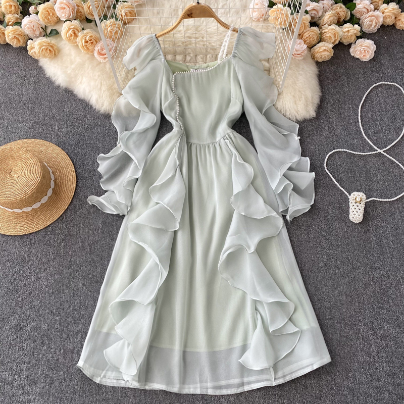 

High class waist closing thin long sleeve dress cool wind lotus leaf edge chic stunning square neck dress, Grey blue