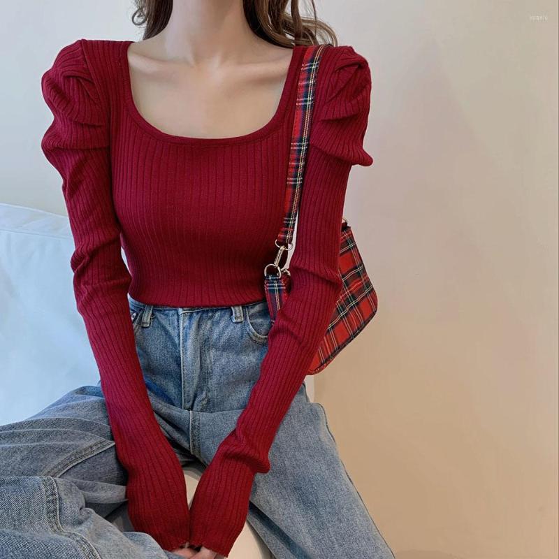 

Women's Sweaters Preppy Style Sweet Women Puff Sleeve Pullovers 2022 Chic Sueter Mujer Korean Elegant Square Collar Jumper, Black