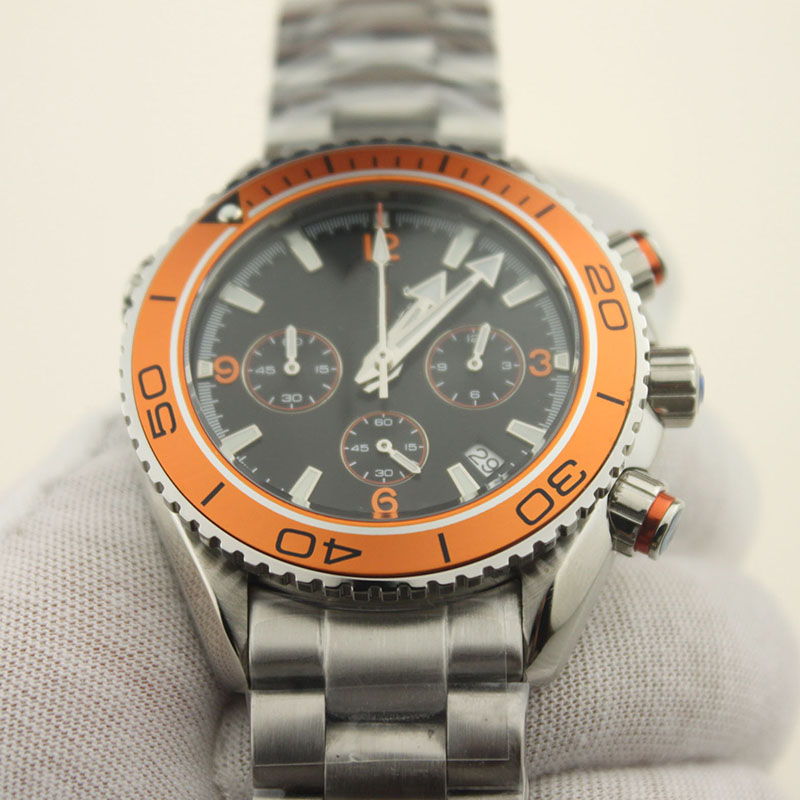 

Fashion men's watches fully automatic mechanical multi-functional luminous stainless steel men's watch with orange tape, Black