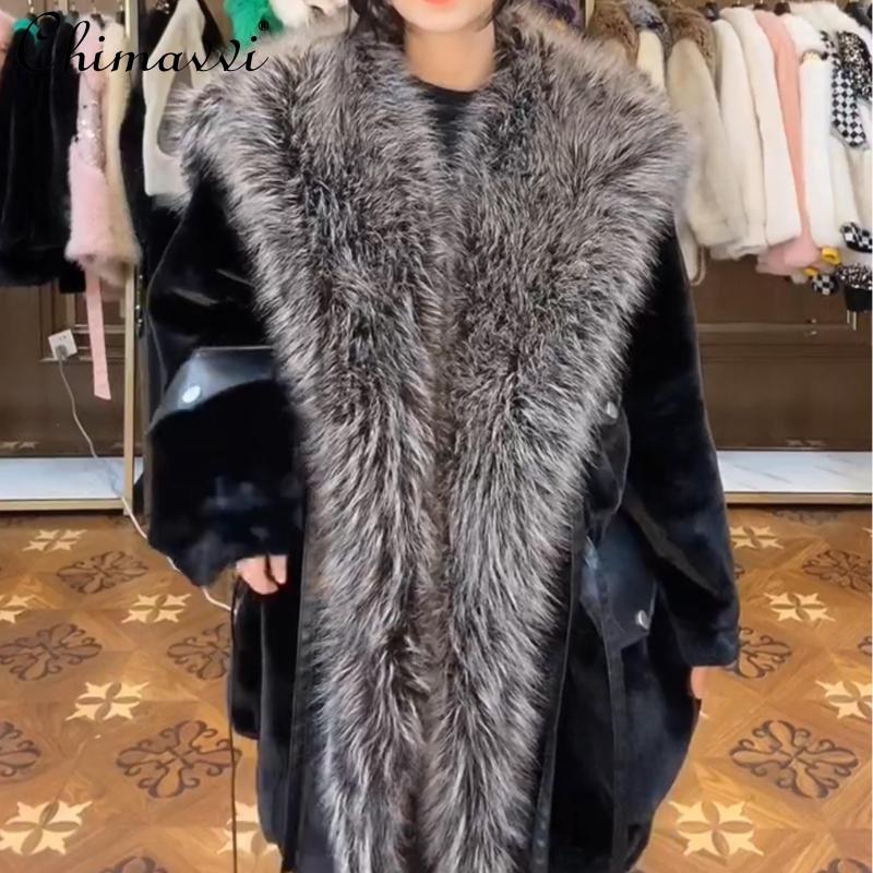 

Women's Fur European Long Sleeve Female Toka Double Face Wool Leather Coat Women Winter Fashion Elegant Warm Casual Trend Jacket, Black