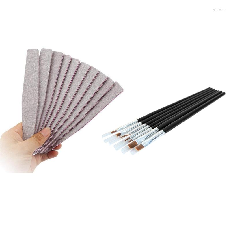 

Nail Brushes 7Pcs Acrylic UV Gel Brush Set Art Design Pen Black & 10 Pcs Sanding Buffer Buffing Manicure A