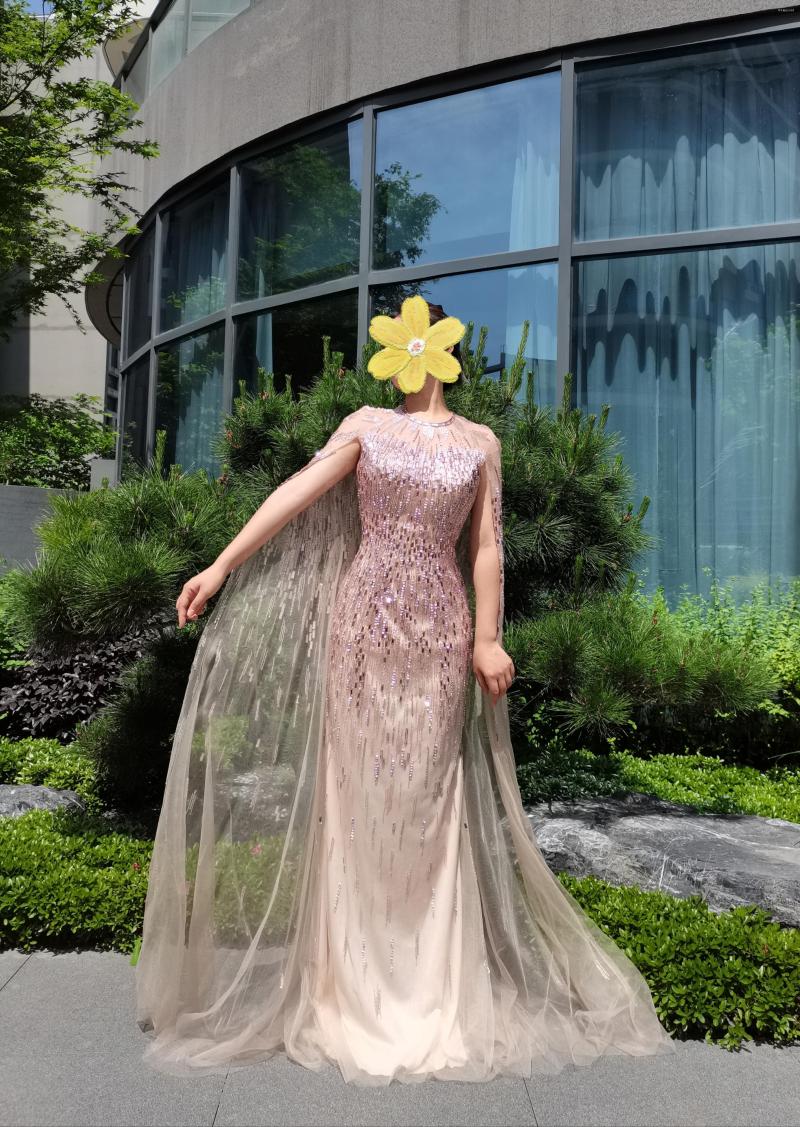 

Party Dresses Purple Luxury Beaded With Cape Sleeves Evening Dress Sexy Gowns For Women Long Wedding Formal, Gold