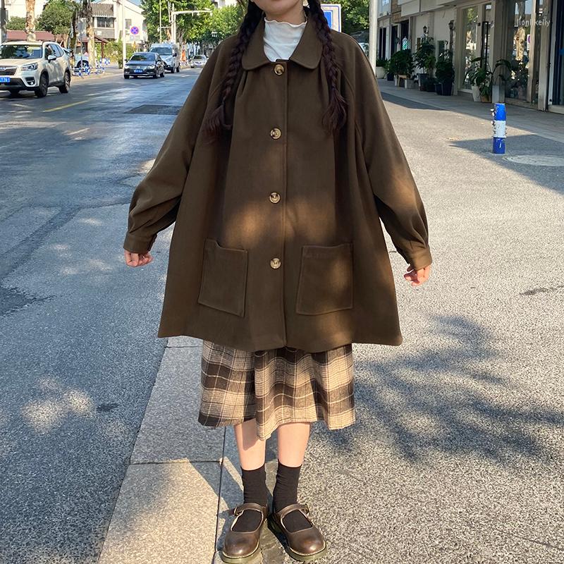 

Women's Trench Coats Japanese College Wool Long Coat Women Turn Down Collar Jacket Autumn Sweet Fashion Casual Winter 2022 Elegant Button Up, Beige