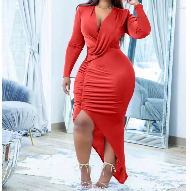 

Casual Dresses Women Sexy Nightclub Party V-neck Dress Solid Color Big Slit Long Lrregular Fall Sleeve Clothes Black Bodycon Vestido