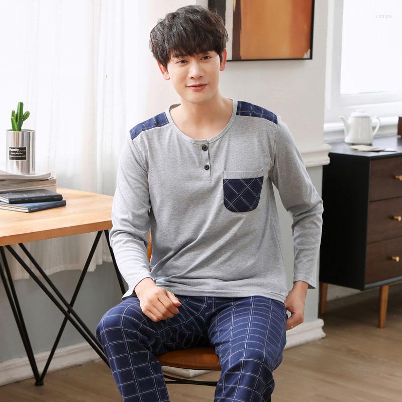 

Men's Sleepwear Spring Knitted Cotton Men Pajamas Set Long Sleeve Round Neck Casual Loose Soft -3XL Male Homewear Pyjamas Homme, 1208