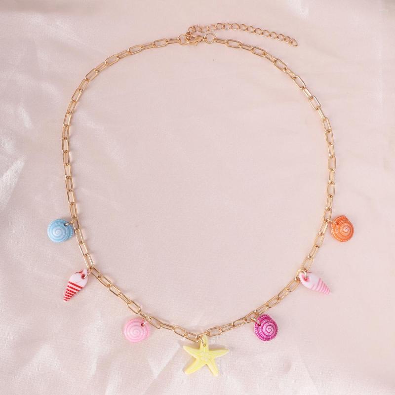 

Choker Lady Geometric Metal Chain Starfish Conch Snail Pendant Necklace Simple Shell Vacation Jewelry