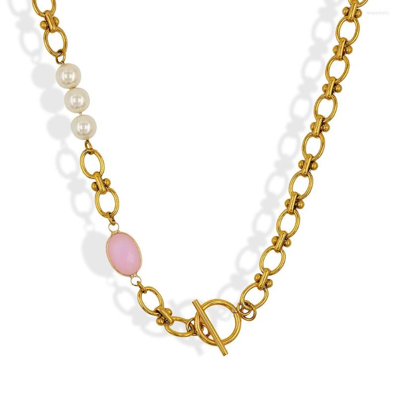 

Chains Stainless Steel Choker Necklace Natural Oval Pink Stone Pendant Chain Design OT Clasp Trend Women Jewelry Punk YS248