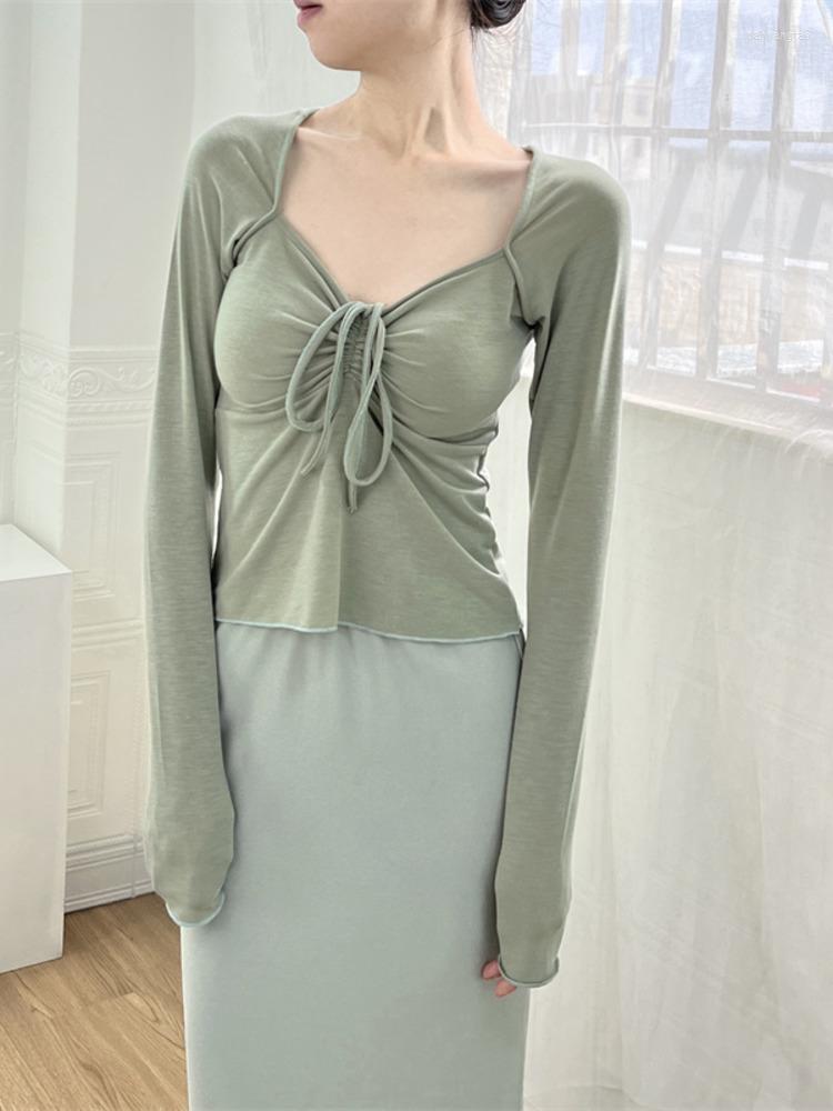 

Women' T Shirts Fashion Women Knitting Autumn Long Sleeve Short Style Square Neck Slim Bottoming T-shirt Soild Halter Bow Pleated Tee Tops, Beige