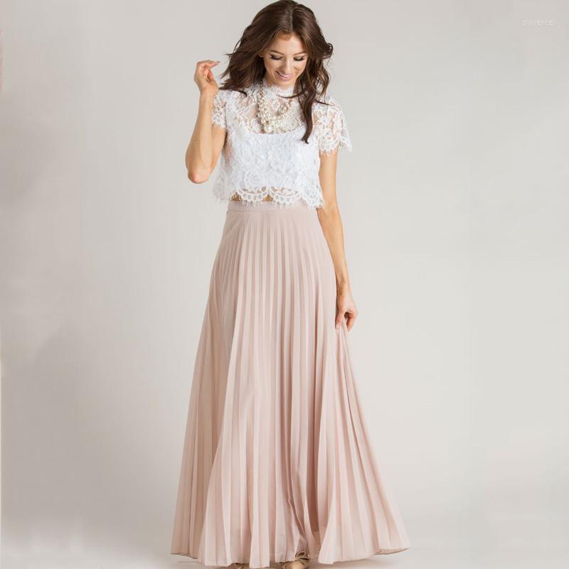 

Skirts Dusty Chiffon Maxi Zipper Waist A Line Floor Length Long Pleated Skirt Personalized, Beige
