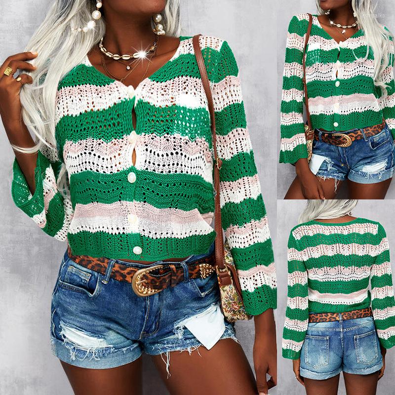 

Women' Knits Patchwork Knitted Sweaters Autumn Winter O-Neck Long Sleeve Loose Button Cardigan Knitwear Tops KXFS-MY1011, Green