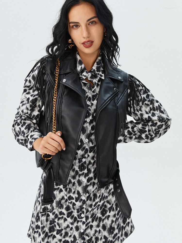 

Women' Leather 2022 Spring Women Sleeveless Pu Faux Soft Vest With Belt Streetwear Female Moto Biker Jacket Outwear, Black