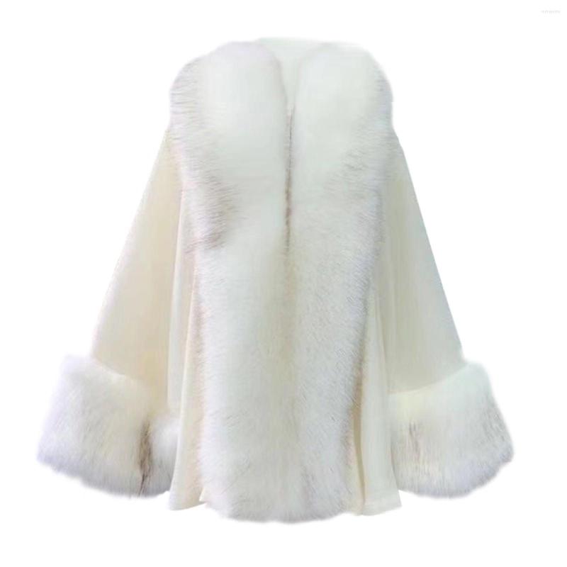

Scarves Women's Luxury Batwing Sleeve Faux Fur Trim Hooded Cloak Poncho Sweater Cape Wrap Shawls Wedding Dress Party Woolen Coat