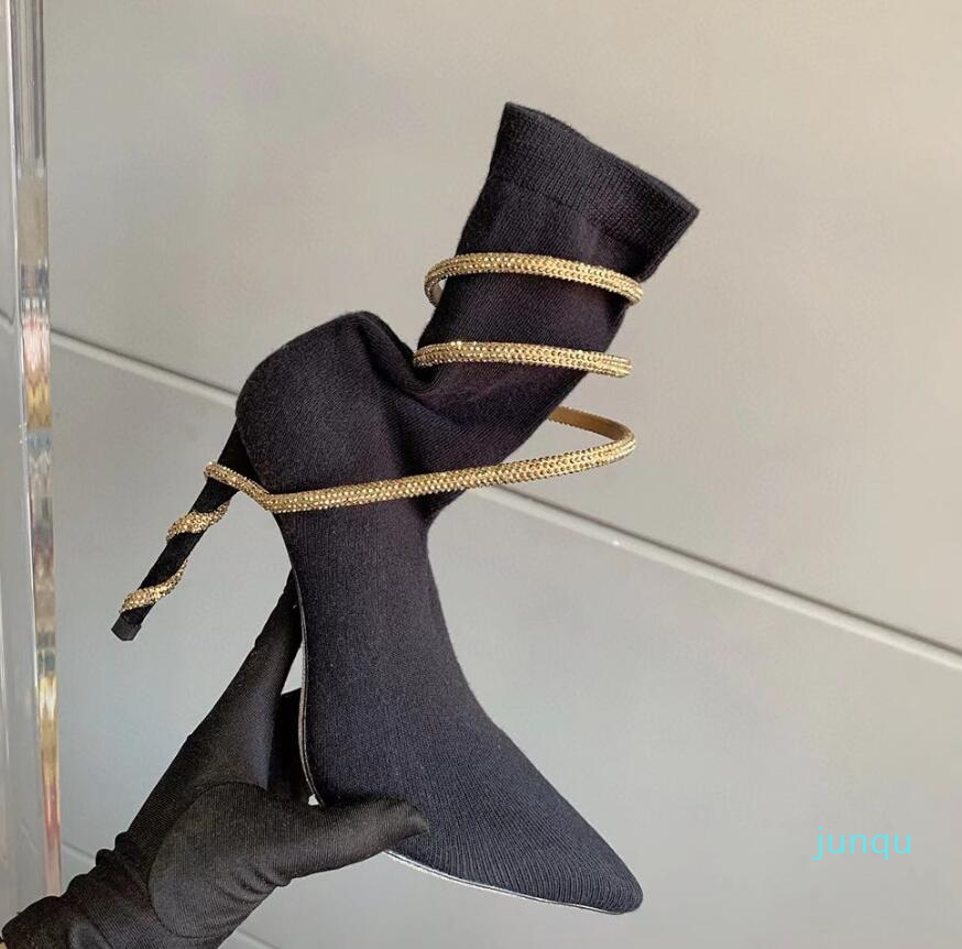 

Rene caovilla Sock Boots Snake Strass stiletto Wraparound Ankle Booties Mid-Calf Pull On Point-Toe Stiletto Luxury Designer 95Cm Factory Footwea, Black+silver