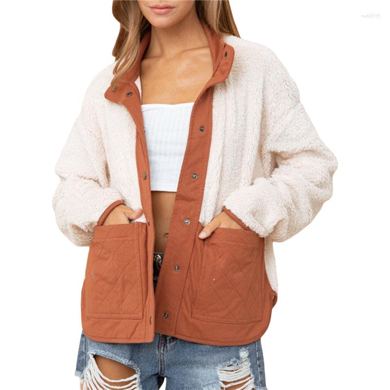 

Women' Jackets Xingqing Plush Jacket Y2k 2000s Women Contrast Color Patchwork Long Sleeve Stand Collar Button Closure Coat With Pockets, As photo shows