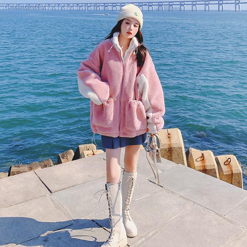 

Women's Down 2022 Women Winter Jacket Fur Oversize Hoodies Harajuku Fleece Plus Size Streetwear Bomber Faux Lambs Coat, Sky blue