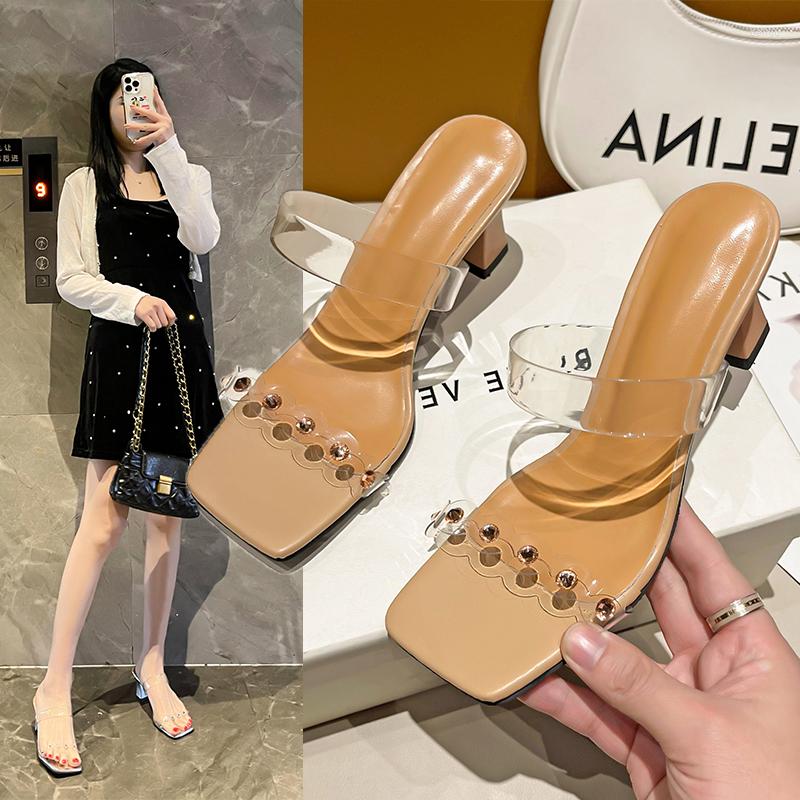 

Slippers Fashion PVC Women Shoes Summer Square Heel Gold Chain Peep Toe Shallow Zapatillas Casa Mujer Sapatos Femininos, Khaki